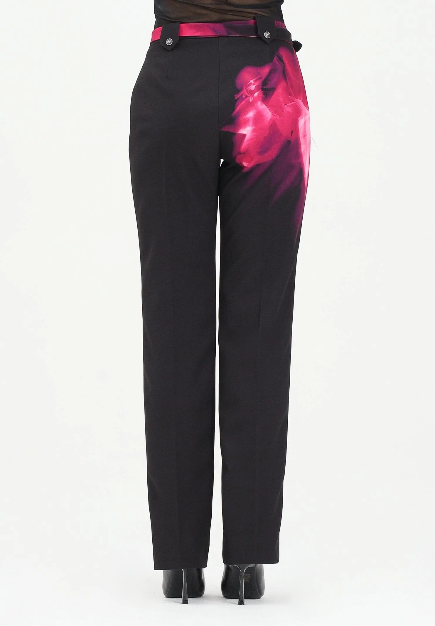 Pantalone elegante nero da donna con stampa fiore - - Versace Jeans Couture