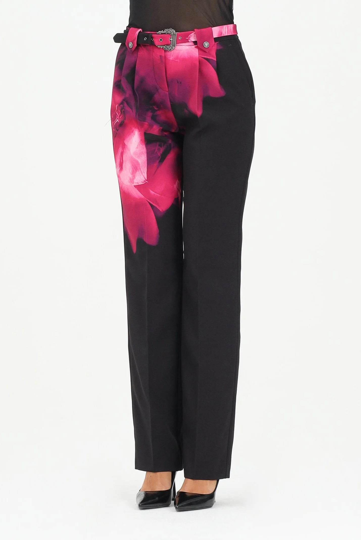 Pantalone elegante nero da donna con stampa fiore - - Versace Jeans Couture